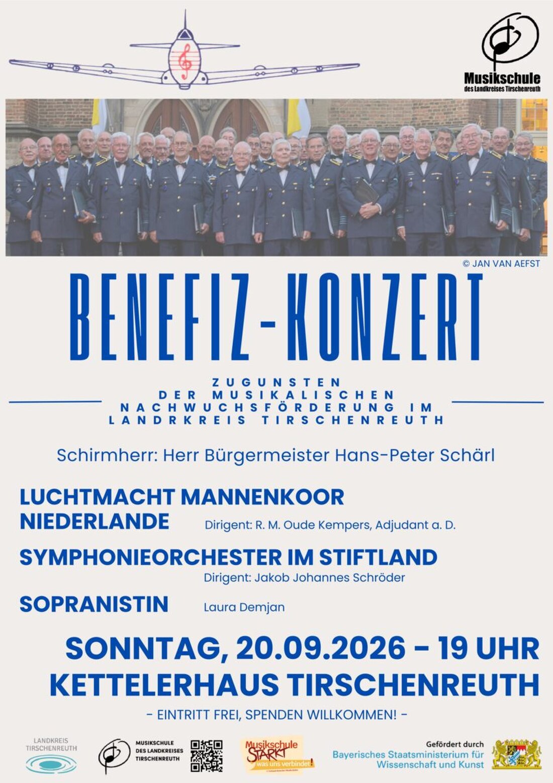 Tirschenreuth. Am Sonntag, 20. September 2026 um 19 Uhr steigt im Kettelerhaus ein Benefizkonzert für die Nachwuchsförderung: Der Luchtmacht Mannenkoor Niederlande musiziert mit dem Symphonieorchester im Stiftland, Eintritt frei.