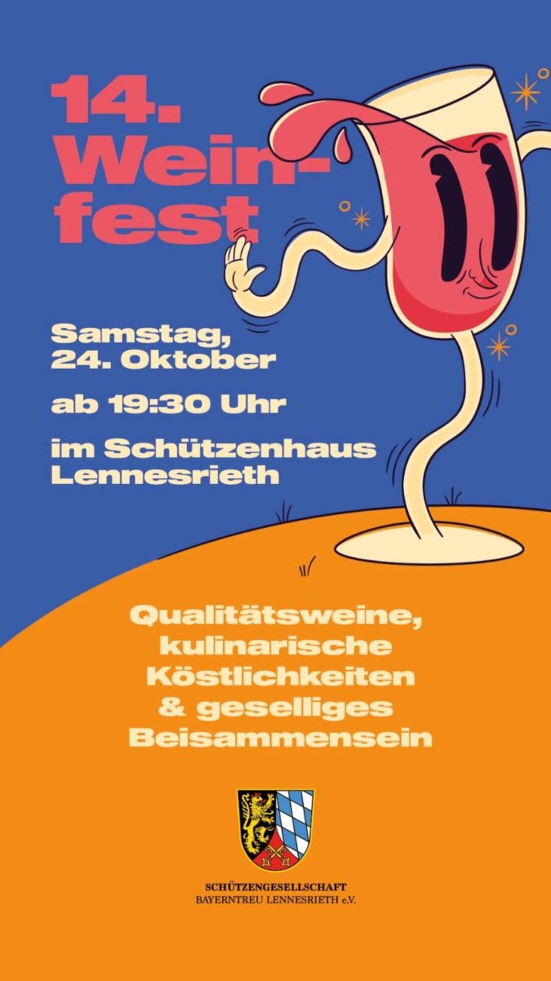 Lennesrieth. Die Bayerntreu-Schützen laden am Samstag, 24. Oktober, ab 19.30 Uhr zum 14. Weinfest ins Schützenhaus ein und feiern mit Qualitätsweinen, kulinarischen Köstlichkeiten und viel Geselligkeit. Der Eintritt ist frei.