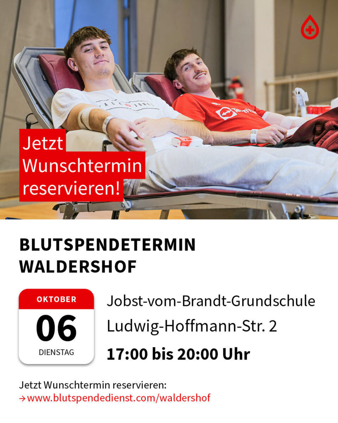 Waldershof. Am Dienstag, 6. Oktober, lädt die Jobst-vom-Brandt-Grundschule von 17 bis 20 Uhr zur Blutspendeaktion ein. Online-Reservierung unter blutspendedienst.com/waldershof ist notwendig, als Dank gibt es ein Lunch-Paket.
