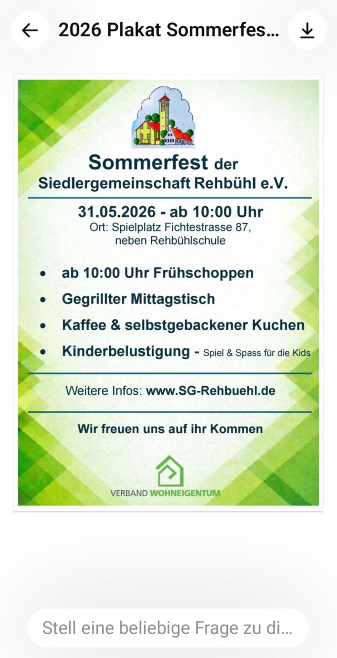 Weiden. Am Sonntag, 31. Mai 2026, lädt die Siedlergemeinschaft Rehbühl zum Sommerfest an der Fichtestraße 87. Start ist um zehn Uhr mit Frühschoppen.