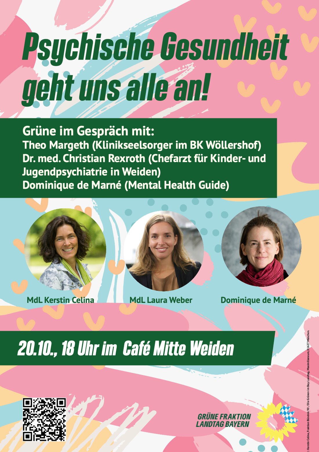 Weiden. Die Grünen-Landtagsfraktion lädt am Montag, 20. Oktober, 18 Uhr, ins Café Mitte zum Gespräch „Psychische Gesundheit geht uns alle an“ mit Gästen aus Medizin, Seelsorge und Erfahrung ein.