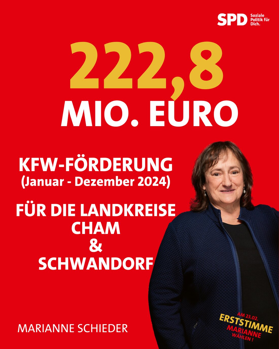 Schwandorf/Cham. Die KfW förderte 2024 in den Landkreisen Schwandorf und Cham mit 222,8 Mio. Euro, vorrangig für energieeffizientes Bauen und Mittelstand. Landkreis Schwandorf erhielt dabei 167,7 Millionen und Cham 55,1 Millionen Euro.