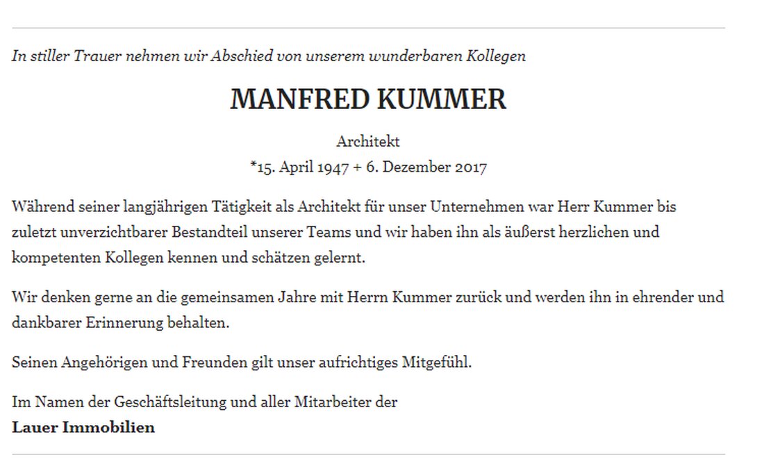 In stiller Trauer nehmen wir Abschied von unserem wunderbaren Kollegen MANFRED KUMMER Architekt *15. April 1947 + 6. Dezember 2017 Während seiner langjährigen Tätigkeit als Architekt für unser Unternehmen war [&hellip;]