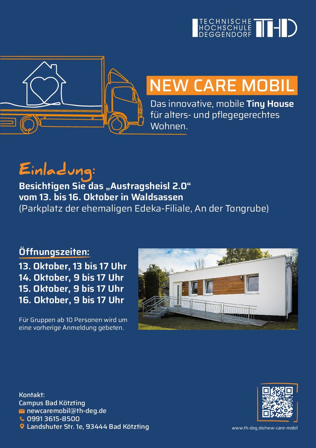 Waldsassen. Das New Care Mobil der TH Deggendorf gastiert vom 13. bis 16. Oktober 2025 und zeigt Technik für Senioren, der Eintritt ist frei und Gruppen ab 10 werden um Anmeldung gebeten.