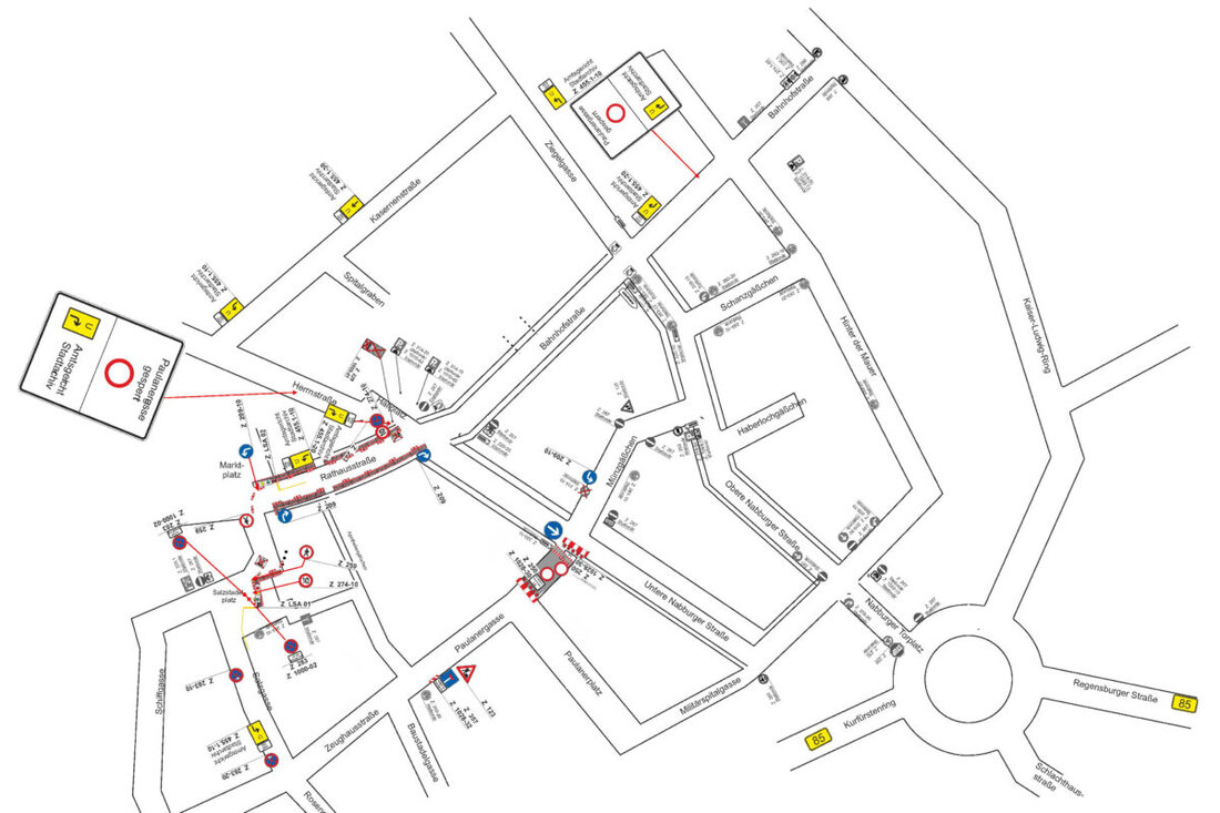 Amberg. Die Kanalsanierung um Paulanerplatz und Paulanergasse geht in die Schlussphase: Von 2. März 2026 bis 13. März 2026 ist die Paulanergasse voll gesperrt; Umleitung über den Marktplatz mit Ampel.