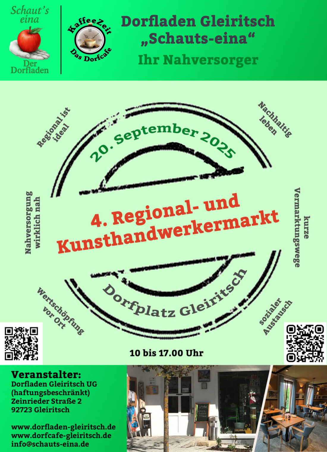 Gleiritsch. Am 20. September 2025 lädt der Dorfladen zum vierten Regional- und Kunsthandwerkermarkt von zehn bis 17 Uhr mit 35 Ständen, Vorführungen, Workshops und regionalen Spezialitäten ein.