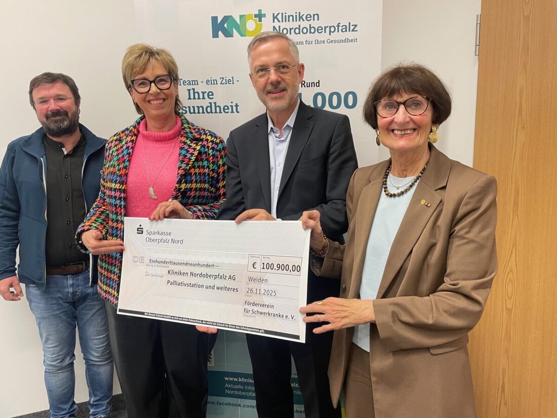 Weiden. Der Förderverein für Schwerkranke übergab der Kliniken Nordoberpfalz AG eine Rekordspende von 100.900 Euro. Neu im Amt: Sabine Zeidler; die Mittel stärken Palliativstation, Notaufnahme und Therapien.