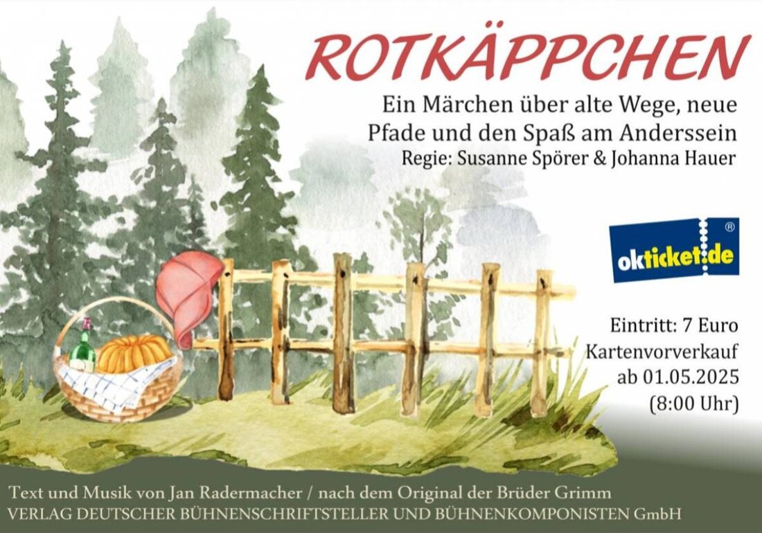 Parkstein. Das Basalttheater Parkstein e.V. präsentiert die Aufführung "Rotkäppchen" in Parkstein an der Basaltwand vom 12. Juli bis 18. Juli 2025, eine Neuerzählung des klassischen Märchens von den Brüdern Grimm mit Text und Musik von Jan Radermacher. Tickets sind auf okticket.de erhältlich.