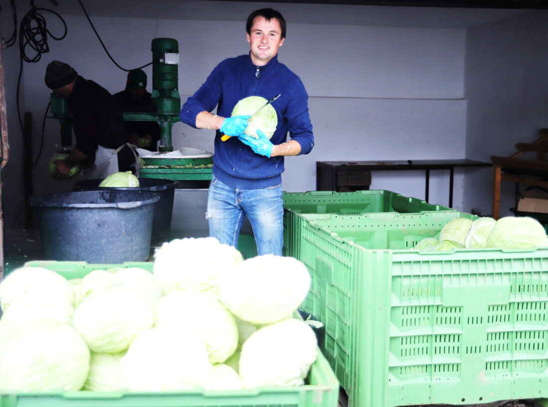 Etzenricht. Familie Beutner auf dem Beutnerhof in Etzenricht stampft nach alter Tradition ohne Zusätze Sauerkraut aus eigenem Weißkohl.   
