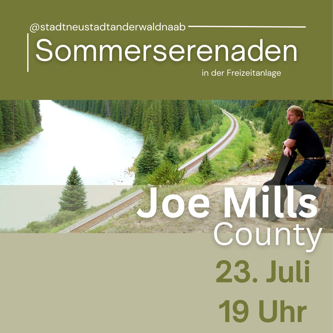 Neustadt/WN. Am Freitag, 23. Juli 2026, lädt die Stadt zur sechsten Sommerserenade in die Freizeitanlage ein. Ab 19 Uhr sorgt Country-Sänger Joe Mills für Sommerfeeling, der Eintritt ist frei.