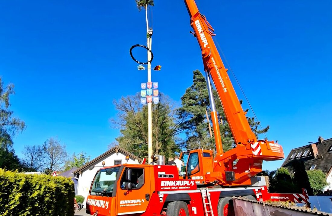 Weiden. In Weiden-West stellte die Siedlergemeinschaft Waldrast ihren Maibaum auf: statt Muskelkraft half ein Autokran. Rund 20 Helfer organisierten das Fest, 75 Kilogramm Makrelen gingen weg, und Gäste feierten die Tradition.