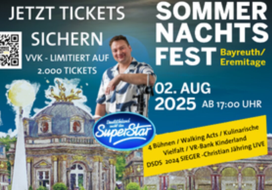 Bayreuth. Das Sommernachtsfest in der Eremitage, veranstaltet von Bayreuth Marketing & Tourismus, findet am 2. August 2025 statt und gilt als eines der schönsten Sommerfeste Deutschlands. Tickets sind auf okticket.de erhältlich, wo Besucher sich auf Live-Musik, Walking Acts und kulinarische Genüsse in der malerischen Parkanlage Eremitage freuen können.