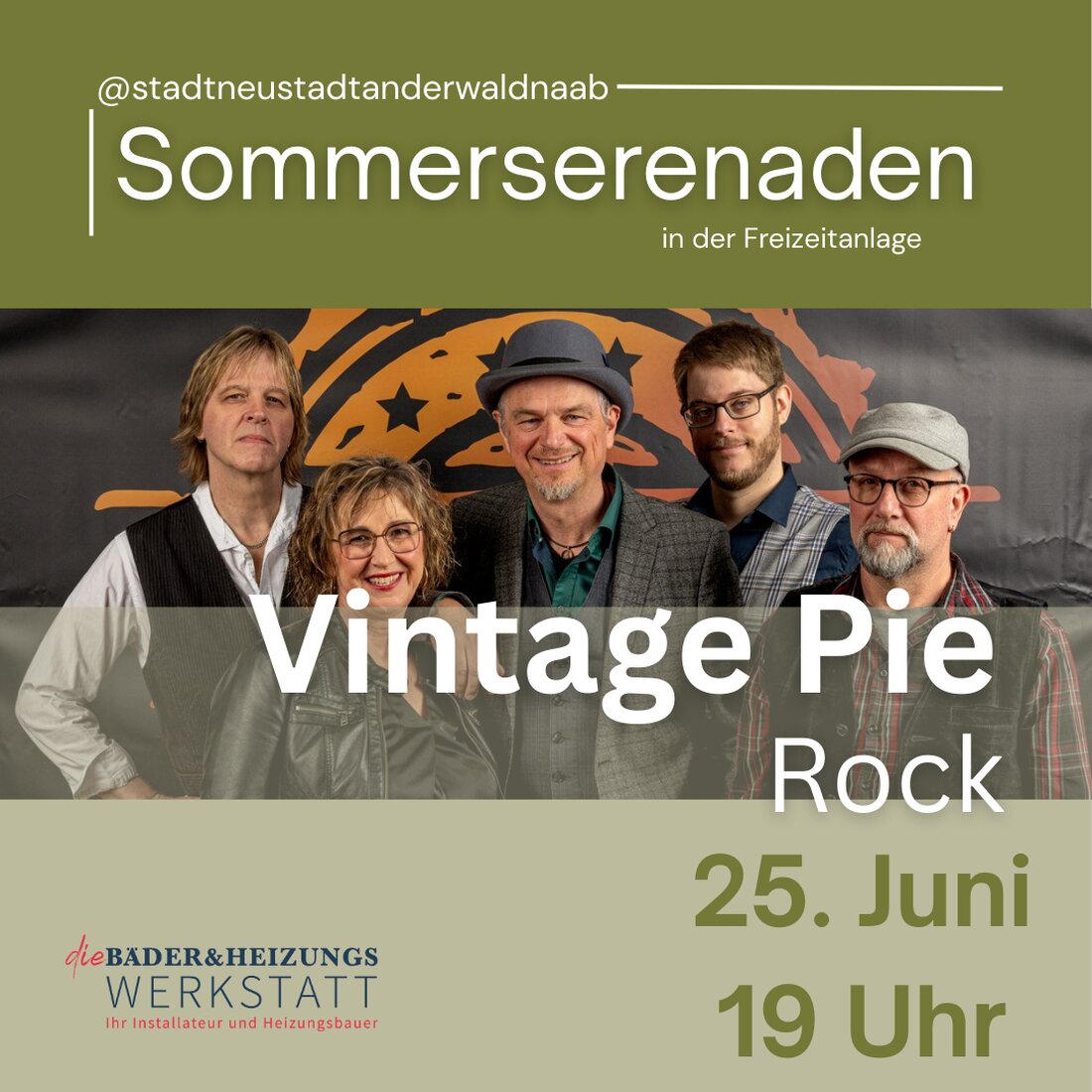 Neustadt/WN. Am 25. Juni 2026 ab 19 Uhr wird die Freizeitanlage zur Bühne der Sommerserenade: Vintage Pie liefert Rockklassiker-Sound, Bewirtung übernimmt das „Josi“; Parken ist am ehemaligen Campingplatz gratis.