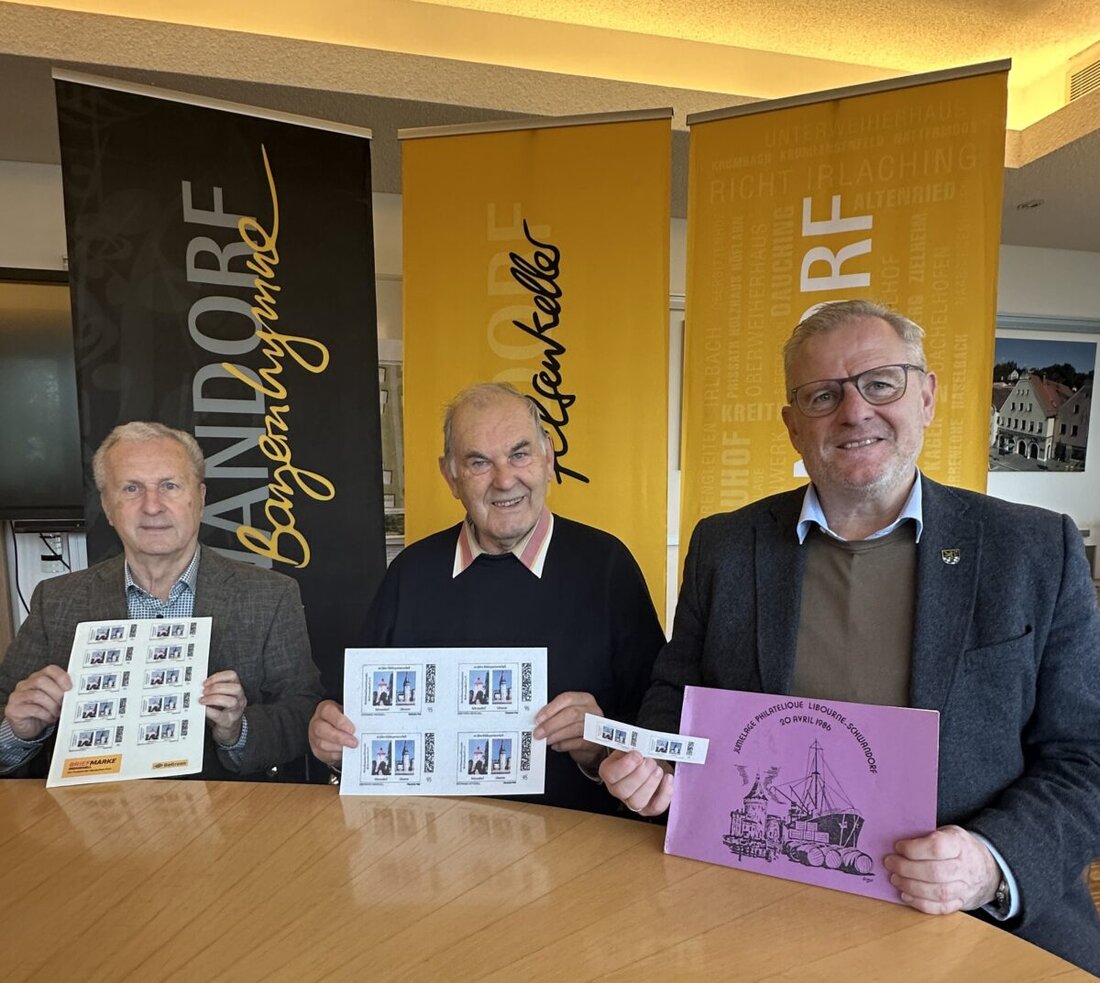 Schwandorf. Die Briefmarkenfreunde Schwandorf e. V. haben Oberbürgermeister Andreas Feller ihre neue Sonderbriefmarke anlässlich des 60-jährigen Jubiläums der Städtepartnerschaft Schwandorf–Libourne vorgestellt.