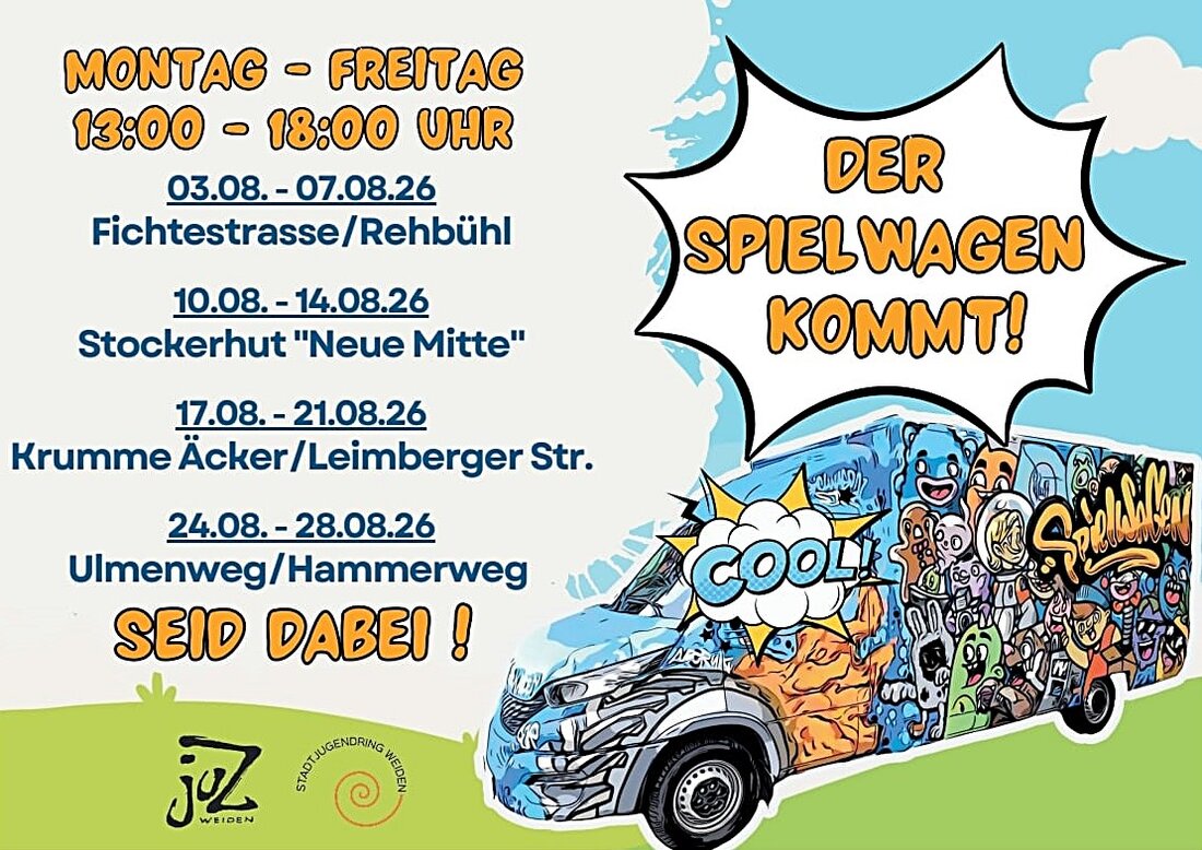 Weiden. Der Spielewagen des Stadtjugendrings macht von Montag, 3. August, bis Freitag, 7. August, am Spielplatz an der Fichtestraße im Rehbühl Station, von 14 bis 18 Uhr. Am Freitag krönt ein buntes Spielplatzfest die Woche.