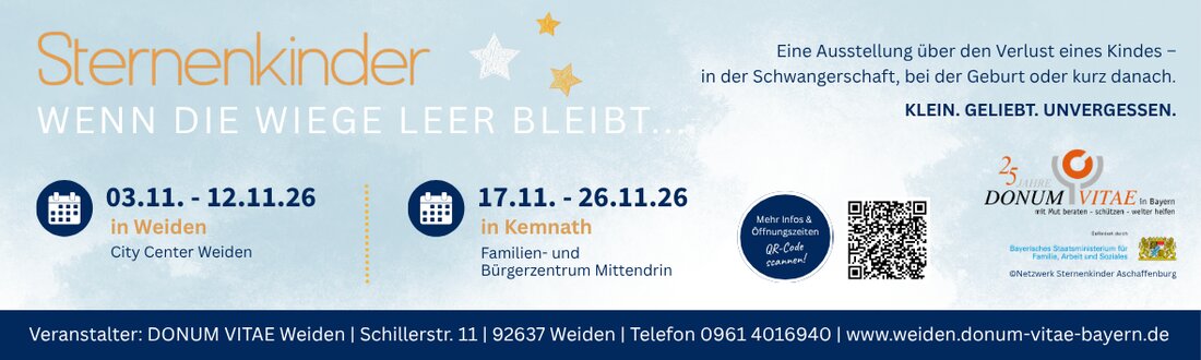 Weiden. Der Verlust eines Kindes während der Schwangerschaft oder kurz nach der Geburt ist für Eltern ein einschneidendes Erlebnis. Dennoch bleibt das Thema oft im Verborgenen. Mit der Ausstellung „Sternenkinder – Wenn die Wiege leer bleibt…“ möchte DONUM VITAE betroffenen Familien eine Stimme geben. Zu sehen ist sie im November in Weiden und Kemnath.