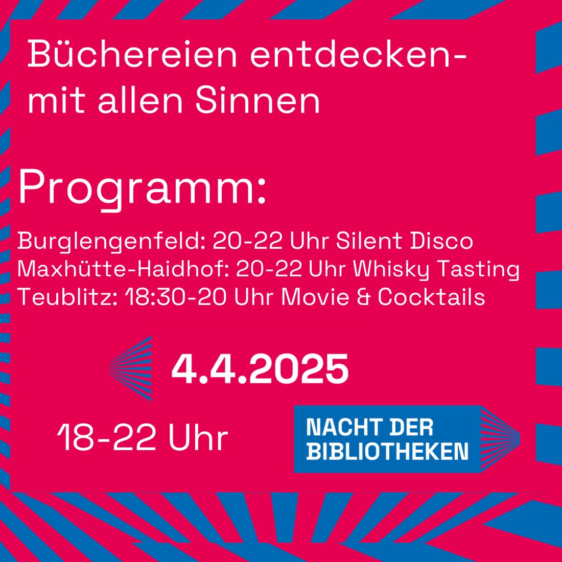 Teublitz. Am 4. April 2025 findet bundesweit die Nacht der Bibliotheken statt, Teublitz bietet einen Abend mit "Movie & Cocktails", inklusive der Filmkomödie "Champagner & Macarons".