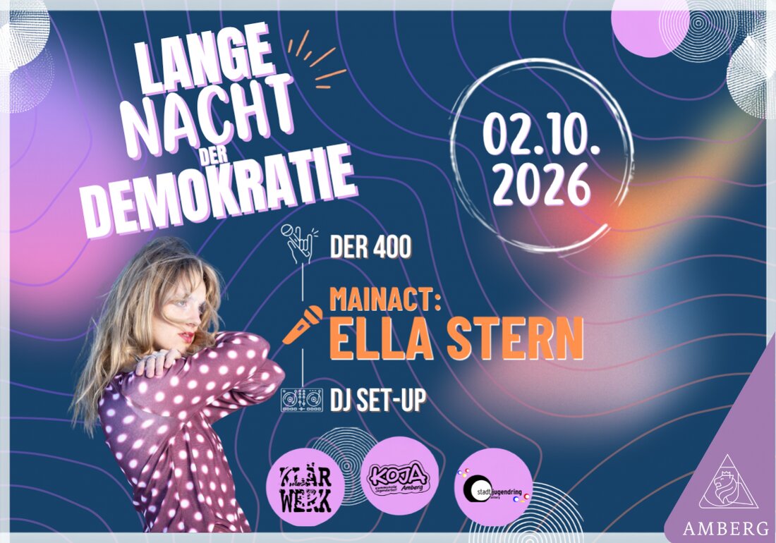 Amberg. Stadt Amberg lädt am 2. Oktober 2026 ab 20.00 Uhr im Amberg, Jugendzentrum Klärwerk zur ersten Langen Nacht der Demokratie mit Ella Stern, Der 400 und DJ JUIZE ein, ab 16.00 Uhr gibt es ein kostenloses Rahmenprogramm. Sichere dir dein Ticket auf okticket.de.