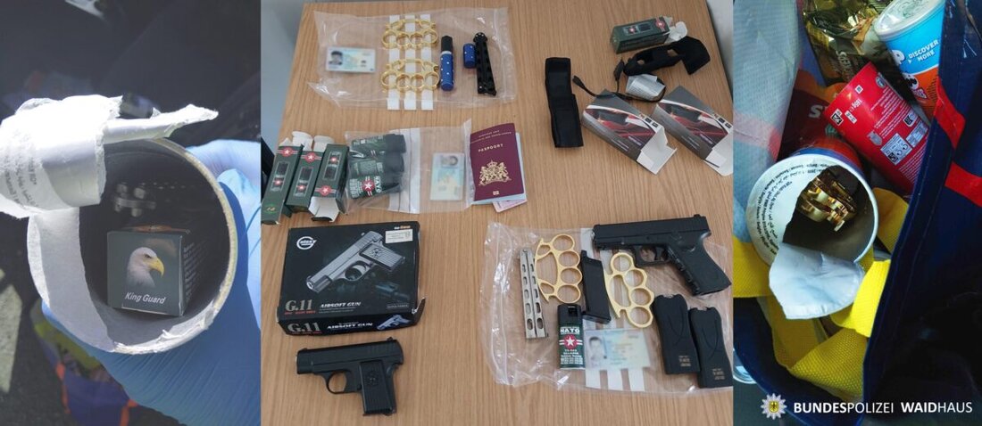 Waidhaus. Bei Grenzkontrollen in Waldsassen stoppten Beamte drei Niederländer und fanden teils in Chips-Dosen versteckte Waffen und täuschend echte Airsoft-Pistolen. Beschlagnahmt; Ermittlungen laufen.