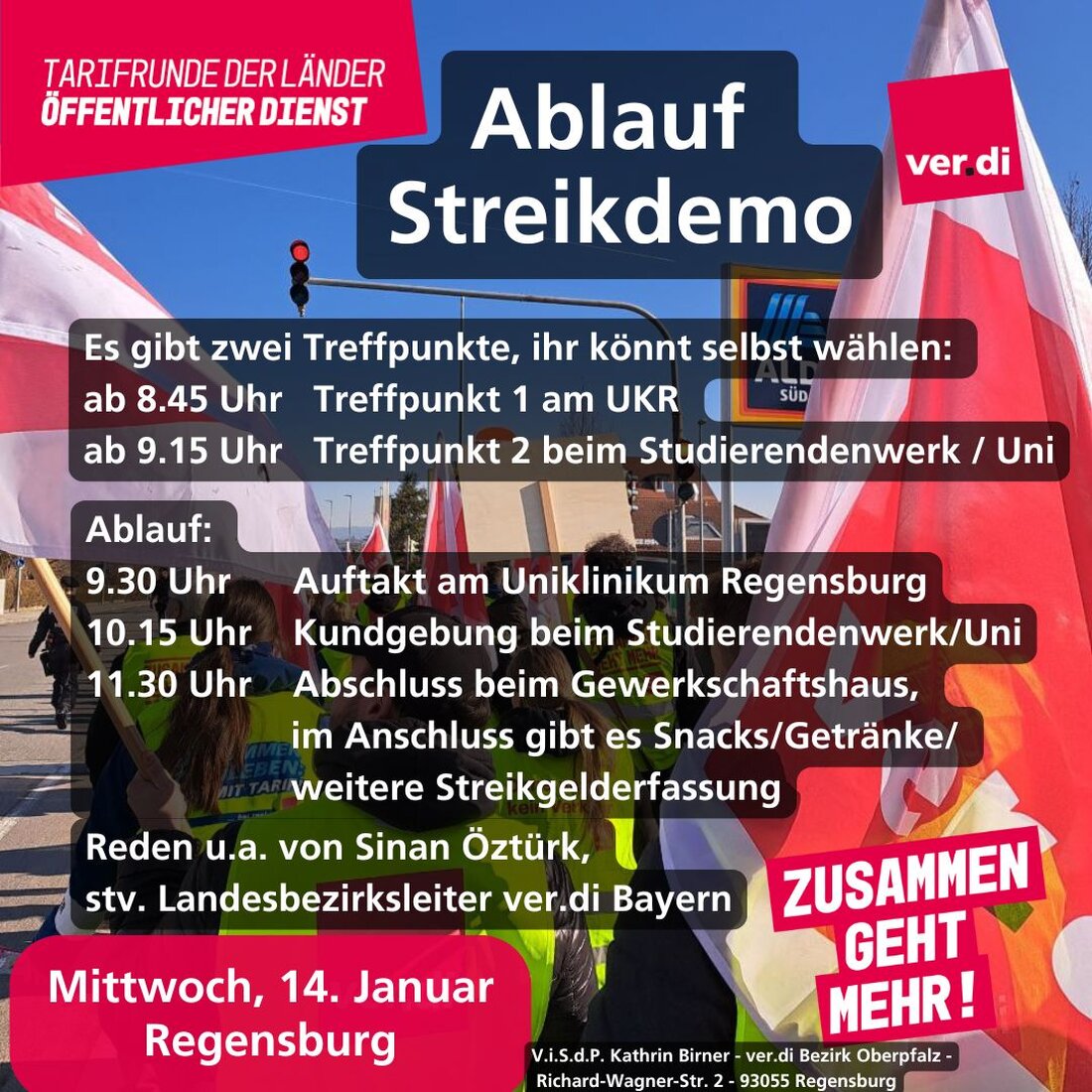 Regensburg. ver.di erhöht vor der zweiten Verhandlungsrunde den Druck und ruft für Mittwoch, 14. Januar 2026, zu Warnstreiks in Uniklinik, Universität und Behörden auf. Rund 300 Beschäftigte werden erwartet.