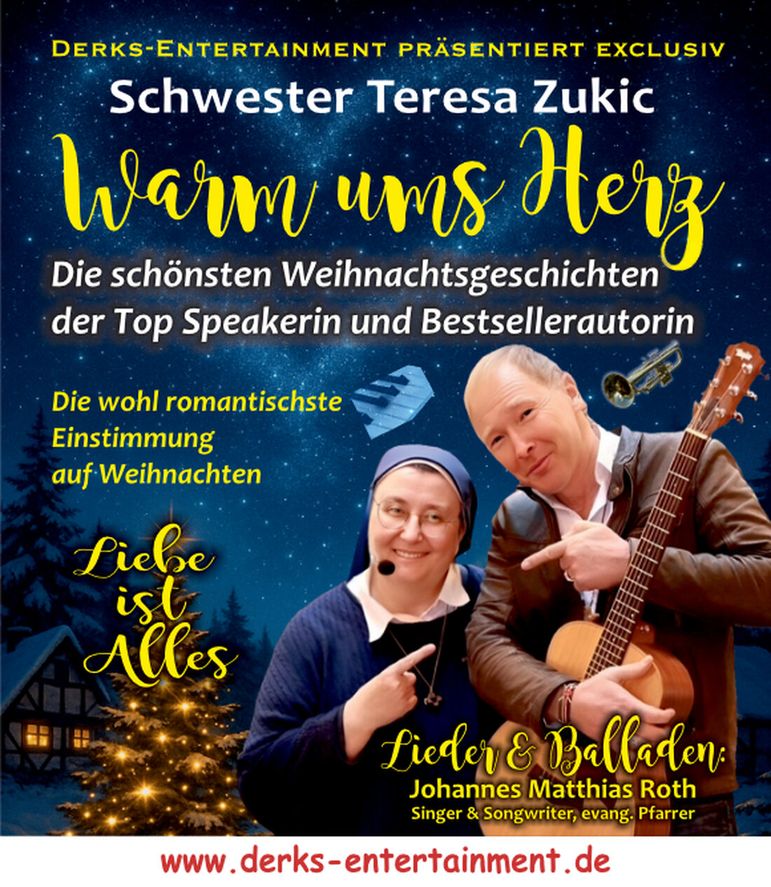 Weiden. Schwester Teresa Zukic präsentiert am 10. Dezember 2025 in der Max-Reger-Halle „Warm ums Herz“ mit Johannes M. Roth, Beginn ist 19.00, der Einlass ist 18.00.