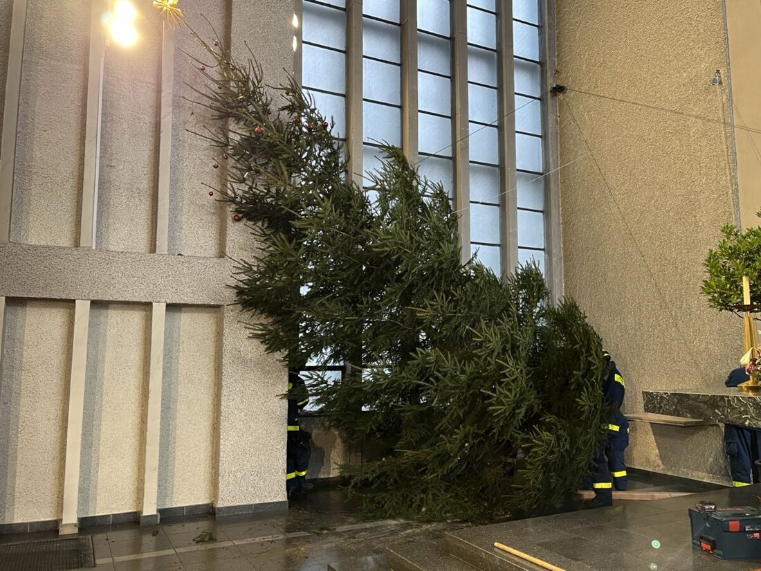 Weiden. Ein vom THW transportierter großer Tannenbaum ziert die Kirche St. Elisabeth. Er kann am 24., 25. und 26. Dezember bei den Weihnachtsmessen bestaunt werden.  