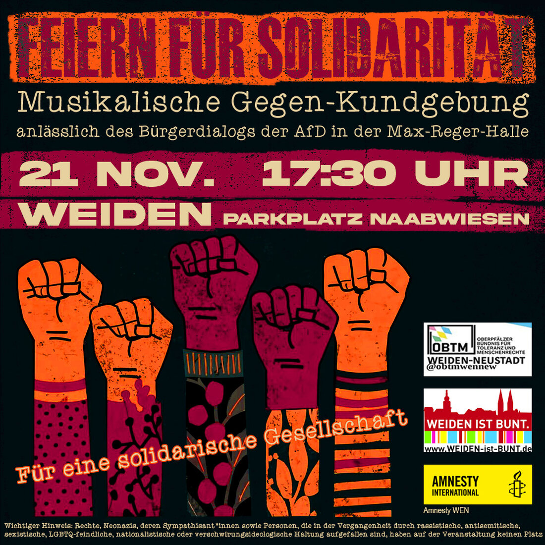 Weiden. Das Oberpfälzer Bündnis für Toleranz und Menschenrechte plant eine musikalische Kundgebung gegen den AfD-"Bürgerdialog". Am 21. November ab 17.30 treten bekannte Weidener Musikschaffende auf, um für eine offene, solidarische Gesellschaft zu demonstrieren.
