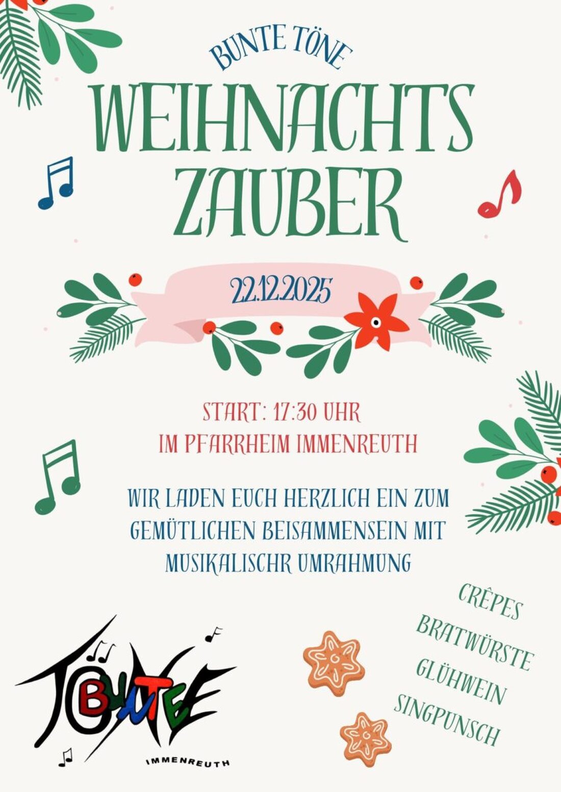 Immenreuth. Der beliebte Kinder- und Jugendchor "Bunte Töne" lädt am Montag, den 22. Dezember zu einem stimmungsvollen "Weihnachtszauber" um 17.30 Uhr ins Pfarrheim ein.