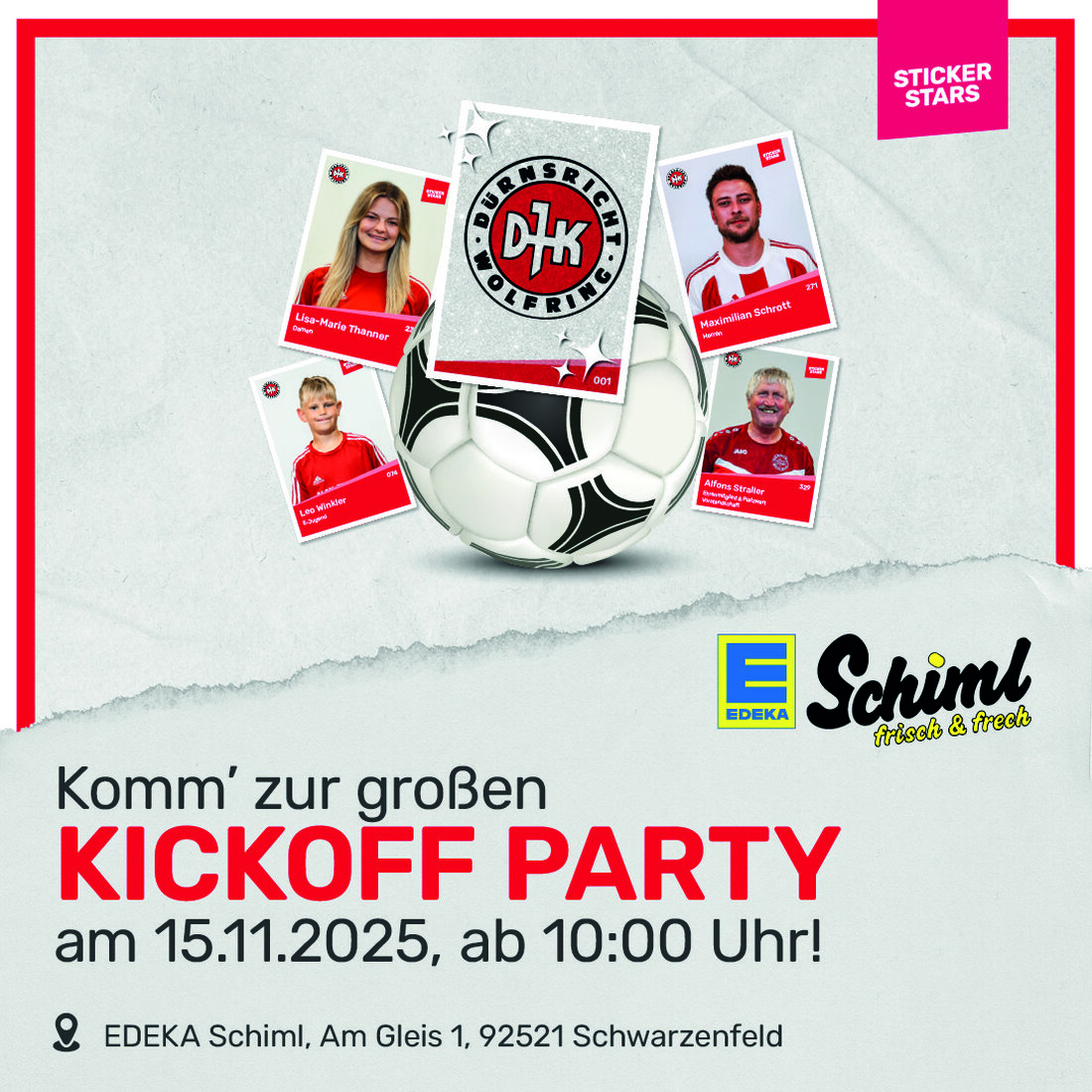 Schwarzenfeld. Die DJK Dürnsricht-Wolfring startet am 15. November 2025 bei Edeka Schiml ihr Stickeralbum. Auftakt ist um 10 Uhr, danach können für zehn Wochen Vereinssticker gesammelt werden; das Album umfasst 359 Motive.