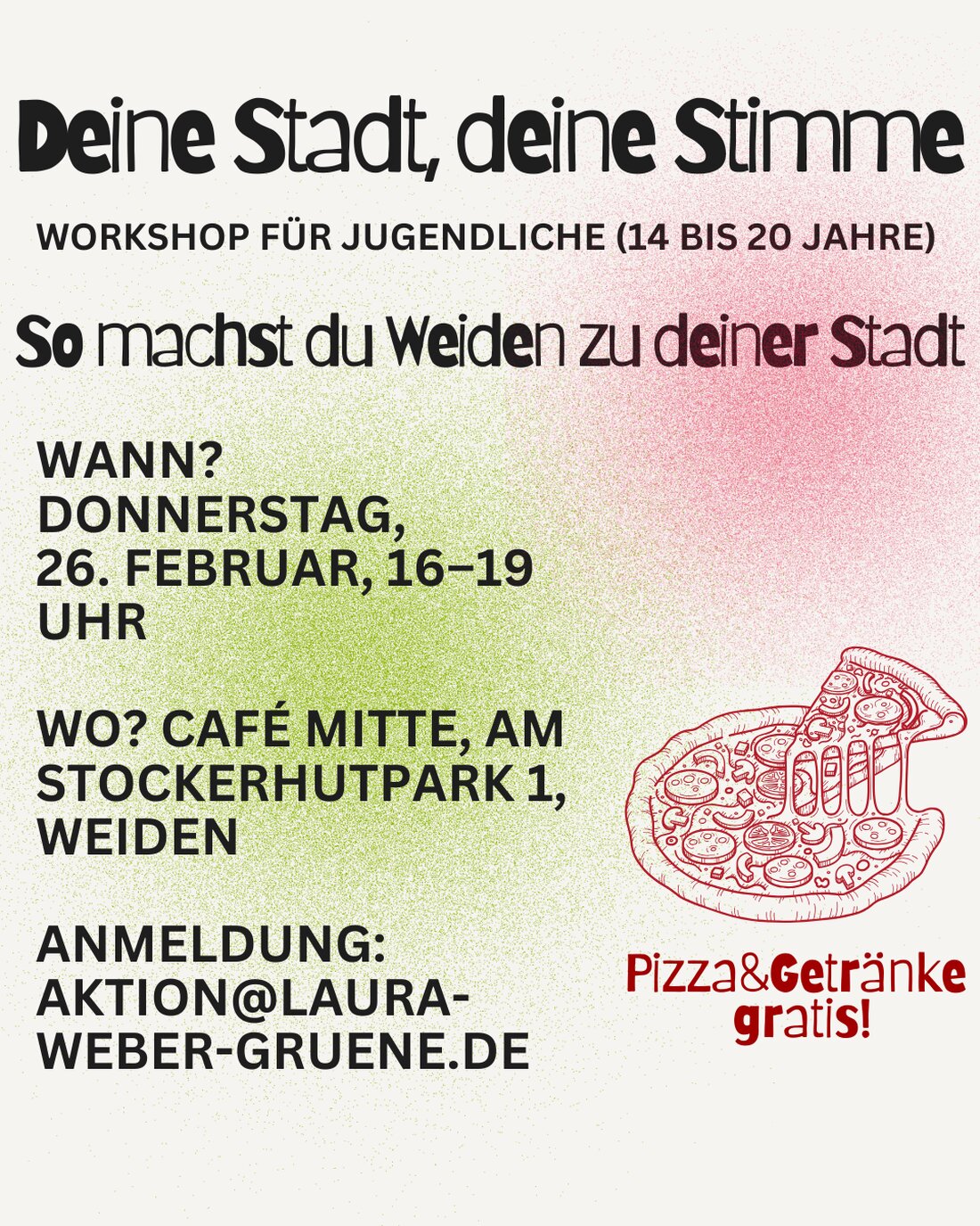 Weiden. Ein Workshop zeigt Jugendlichen von 14 bis 20 Jahren, wie sie ihre Stadt mitgestalten können. Am Donnerstag, 26. Februar, von 16 bis 19 Uhr im Café Mitte gibt es Ideen, Austausch und gratis Pizza sowie Getränke.