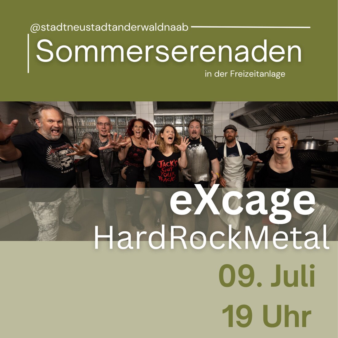 Neustadt/WN. Die Sommerserenaden gehen in die vierte Runde: eXcage rockt am Donnerstag, 9. Juli 2026, ab 19 Uhr die Bühne der Freizeitanlage in der Gramaustraße 64. Eintritt frei.