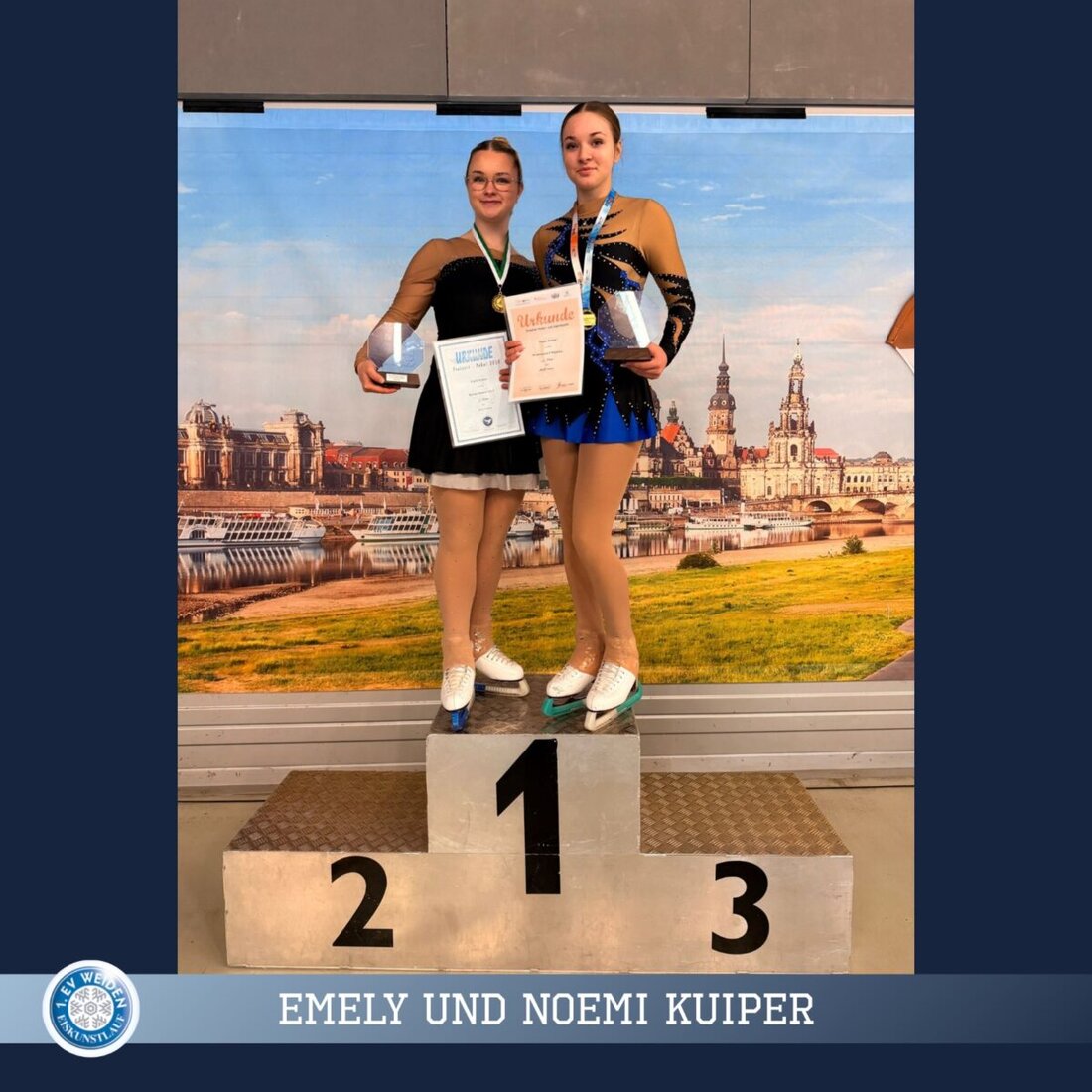 Dresden. Noemi und Emely Kuiper vom 1. EV Weiden gewinnen beim Freizeitpokal im Eiskunstlauf jeweils Gold im Free Skating. Trotz 220 Starterinnen und Startern überzeugen sie in der JOYNEXT Arena mit starker Technik und Ausdruck.
