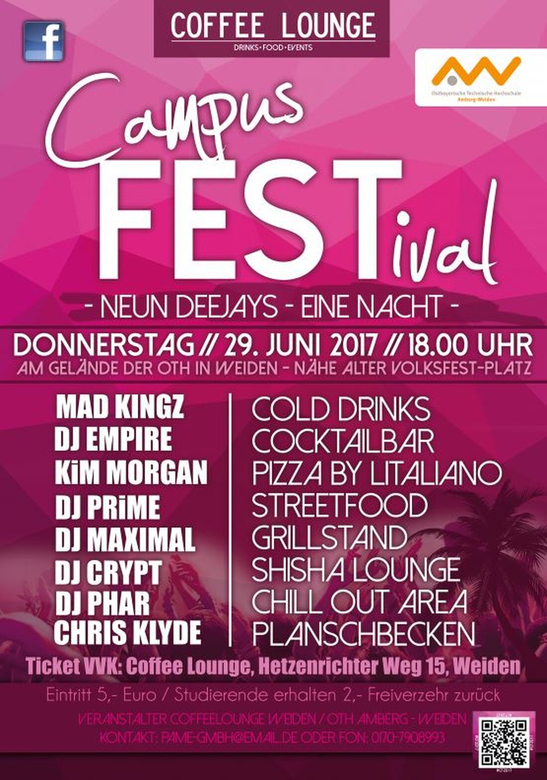 Weiden. Da bebt der Campus: Und das Hochschul-Gelände verwandelt sich in eine riesige Party-Zone. Am 06. Juli steigt an der OTH Amberg-Weiden in Weiden das CampusFESTival. Neun DJs liefern den Soundtrack. Essen [&hellip;]